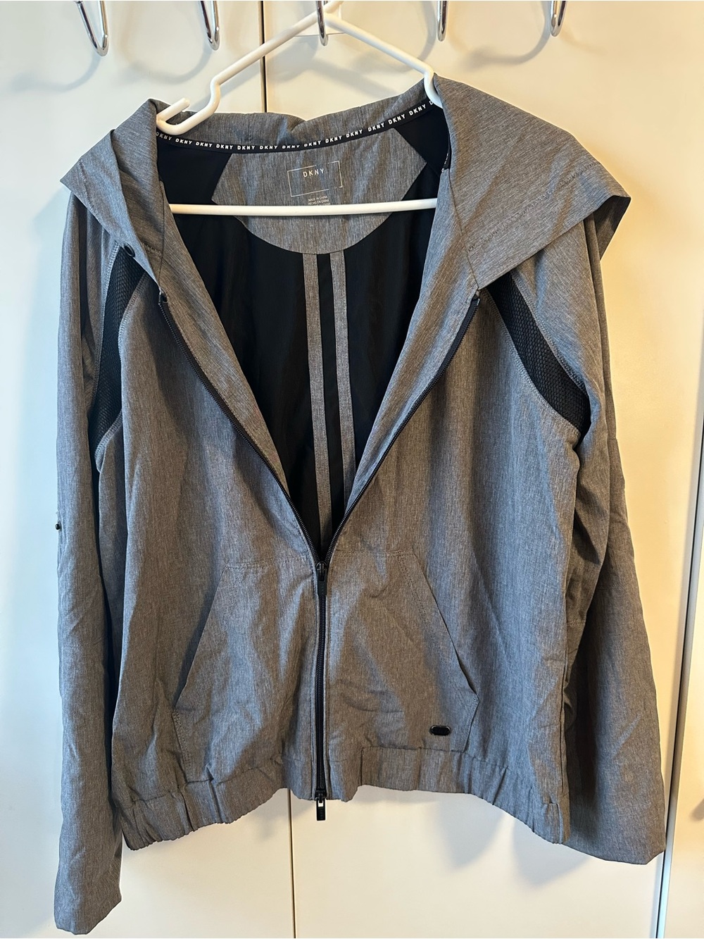 DKNY Gray Hooded Zip Jacket with Black Panels